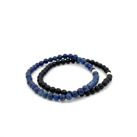 Onyx & Lapis Lazuli Gemstone Stretch Bracelet with 14K Gold Accent Bead Handmade - Picture 5 of 7